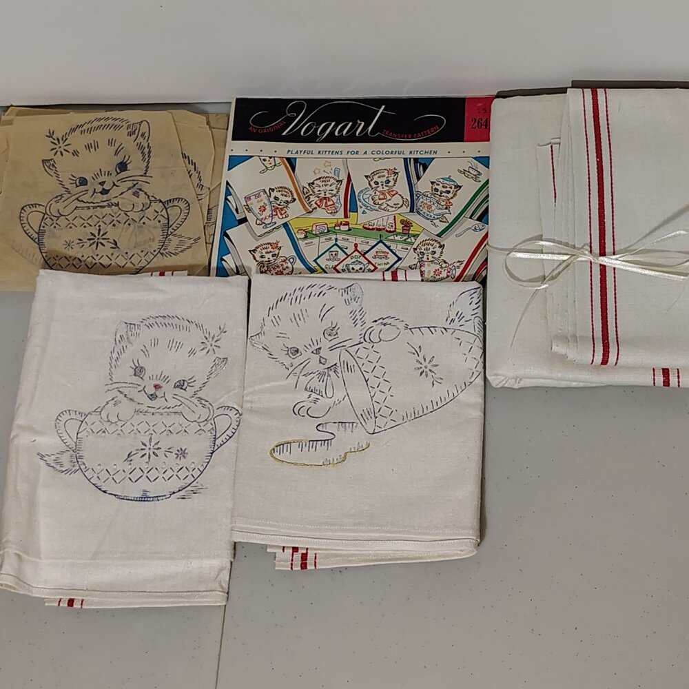 Vintage Kitchen Dishtowels Vogart Transfer Pattern Kitten Cat Heavy Linen Set 10